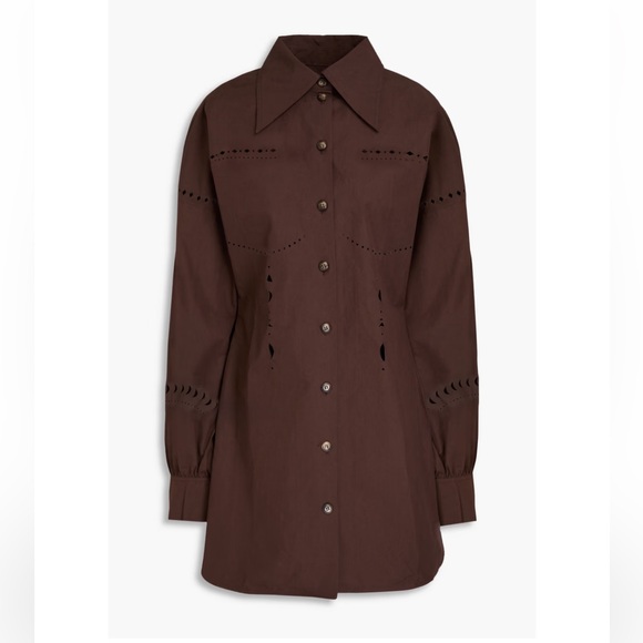 🤎 Nanushka Brown Laser-Cut Cotton Poplin Shirt Dress L Button Front Western🤎‎ - Picture 2 of 7